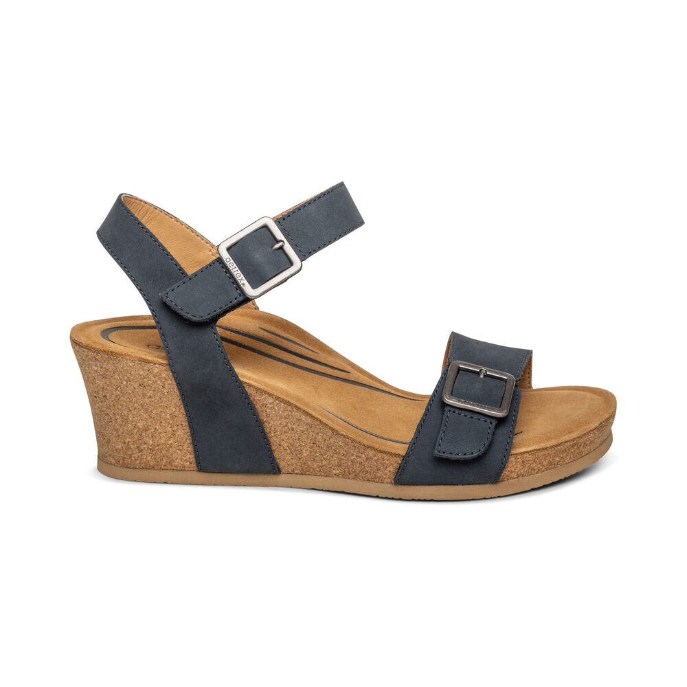 Aetrex Women's Lexa Quarter Strap Wedge Sandals - Navy | USA EYVBAE6